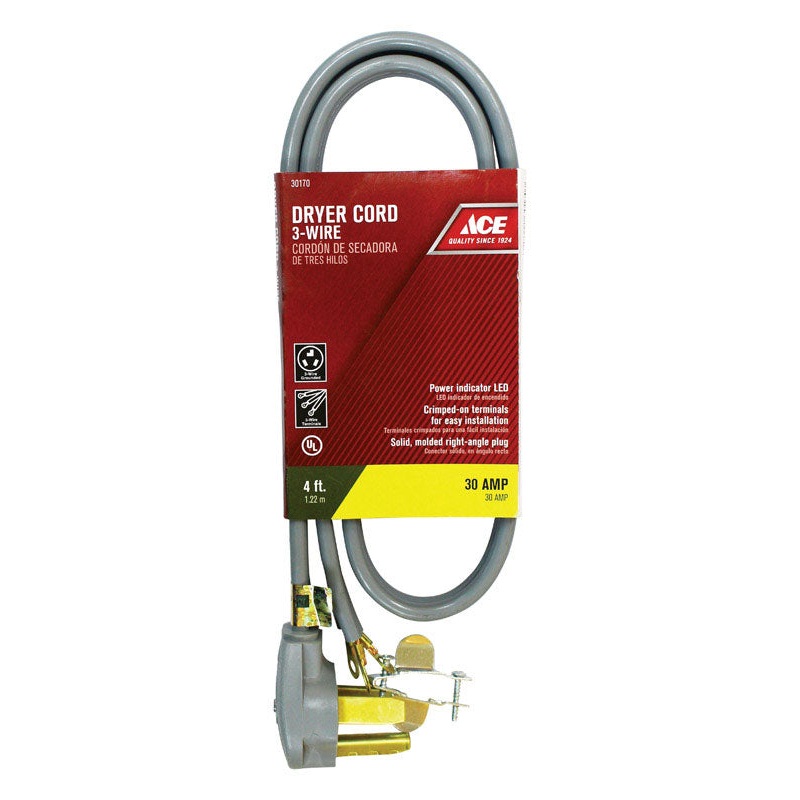 Ace 10/3 SRDT 250 volts Dryer Cord 3 Wire 4 ft. L Gray