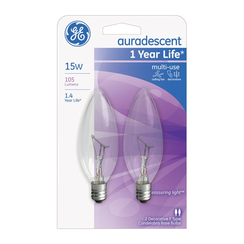 GE auradescent Incandescent Light Bulb 15 watts 105 lumens 2300 K Flame Tip F10 Candelabra Base