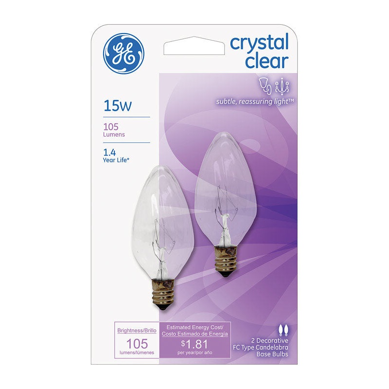 GE Incandescent Light Bulb 15 watts 105 lumens 2500 K Flame Tip F10 Candelabra Base (E12) 2 pk
