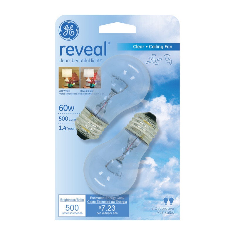 GE reveal Incandescent Light Bulb 60 watts 500 lumens 2750 K A-Line A15 Medium Base (E26) 2 pk
