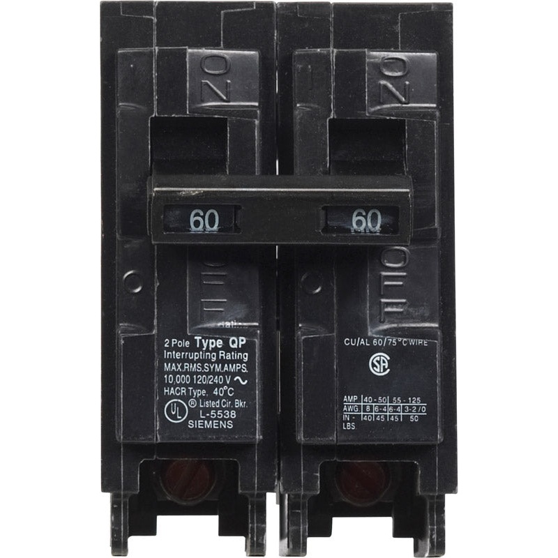 Siemens Double Pole Circuit Breaker 60 amps Plug-In 120/240 volts 2.9 in. L