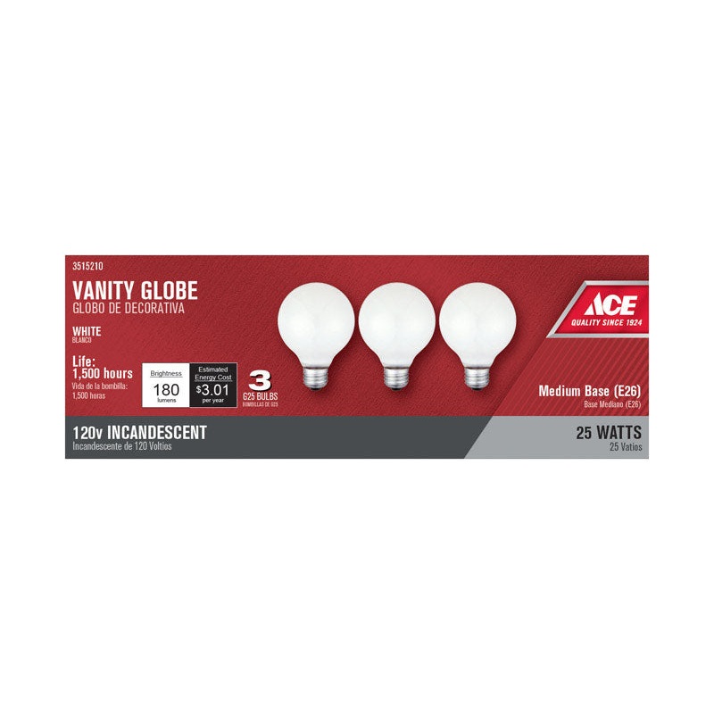 Ace Incandescent Light Bulb 25 watts 180 lumens 2700 K Globe G25 Medium Base (E26) 3 pk