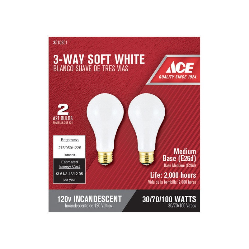 Ace Incandescent Light Bulb 30/70/100 watts 275/950/1225 lumens 2700 K A-Line A21 Medium Base (E