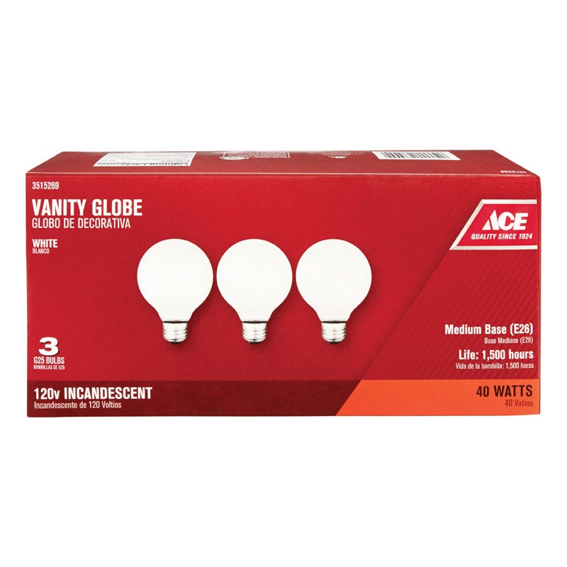 Ace Incandescent Light Bulb 40 watts 340 lumens 2700 K Globe G25 Medium Base (E26) 3 pk