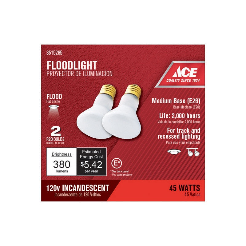 Ace Incandescent Light Bulb 45 watts 380 lumens 2700 K Floodlight R20 Medium Base (E26) 2 pk