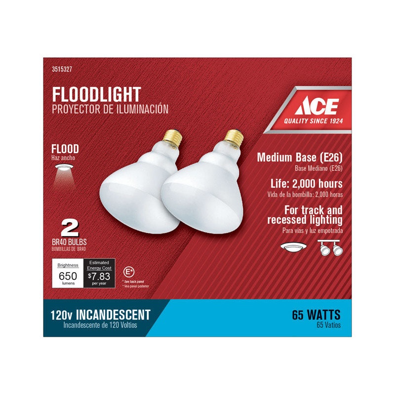 Ace Incandescent Light Bulb 65 watts 650 lumens 2700 K Floodlight BR40 Medium Base (E26) 2 pk