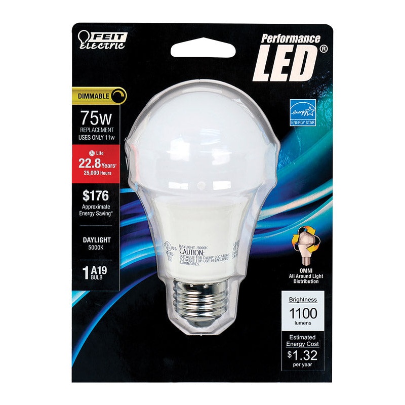 FEIT Electric LED Bulb 11 watts 1100 lumens 5000 K Medium Base (E26) A19 Daylight 75 watts equi