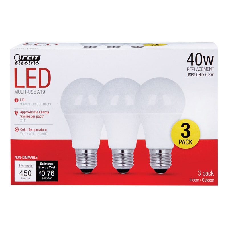 FEIT Electric LED Bulb 6.3 watts 450 lumens 3000 K A-Line A19 Warm White 40 watts equivalency