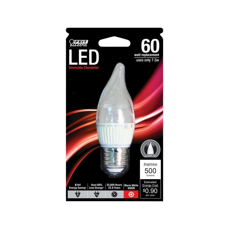 FEIT Electric LED Bulb 7.5 watts 500 lumens 3000 K Medium Base (E26) Flame Tip Warm White 60 wa