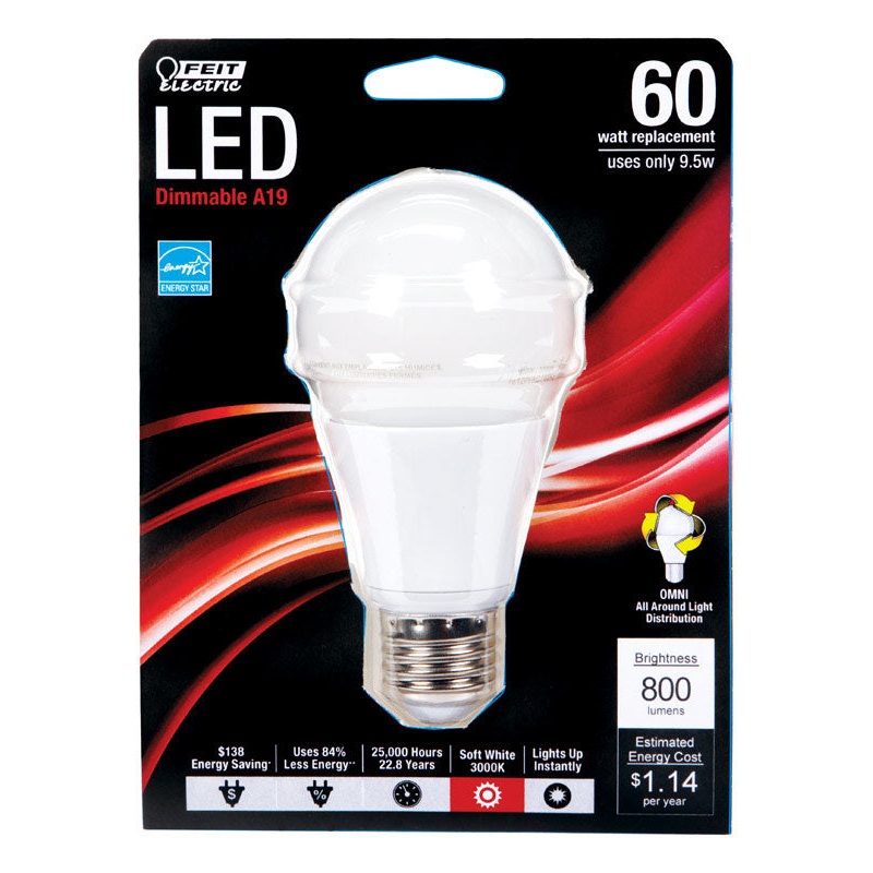 FEIT Electric LED Bulb 9.5 watts 800 lumens 3000 K Medium Base (E26) A19 Soft White 60 watts eq