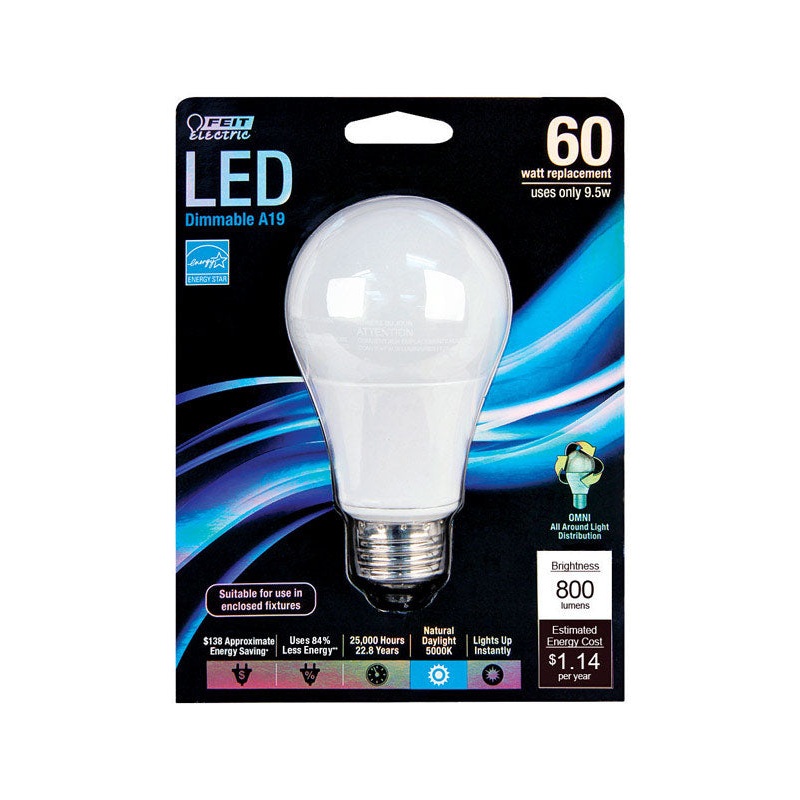 FEIT Electric LED Bulb 9.5 watts 800 lumens 5000 K Medium Base (E26) A19 Daylight 60 watts equi