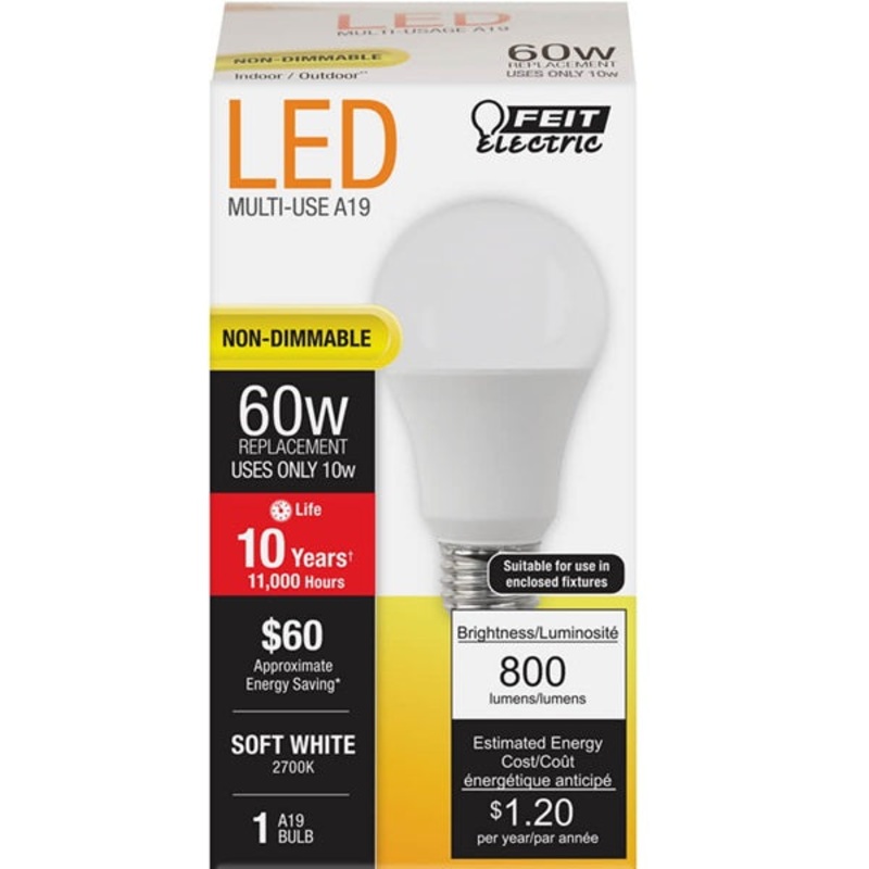 FEIT Electric LED Bulb 9 watts 800 lumens 2700 K A-Line A19 Soft White 60 watts equivalency