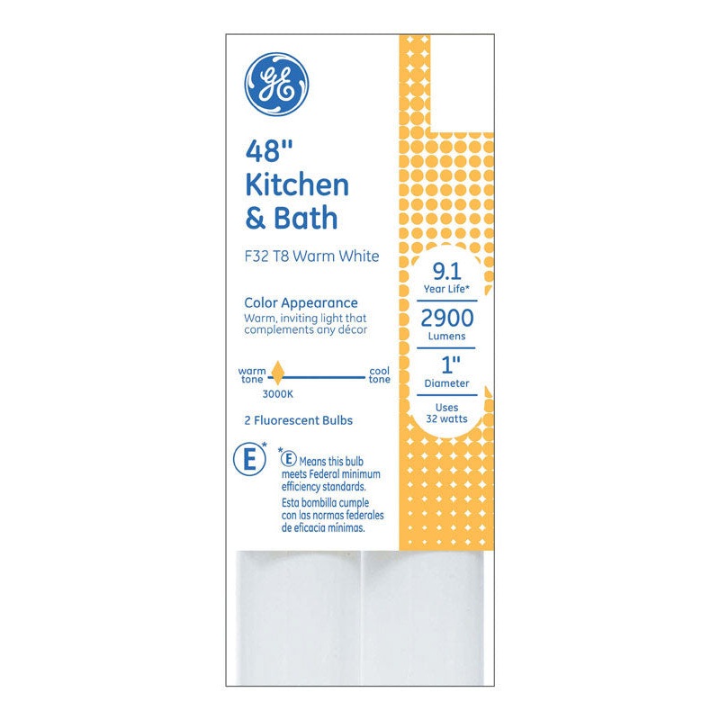 GE Fluorescent Bulb 32 watts 2900 lumens Linear T8 48 in. L Warm White 2 pk