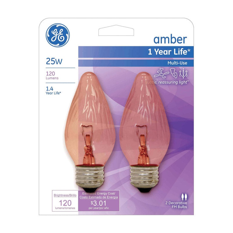 GE Incandescent Amber Light Bulb 25 watts 120 lumens 2400 K Flame Tip F15 Medium Base (E26) 2 p