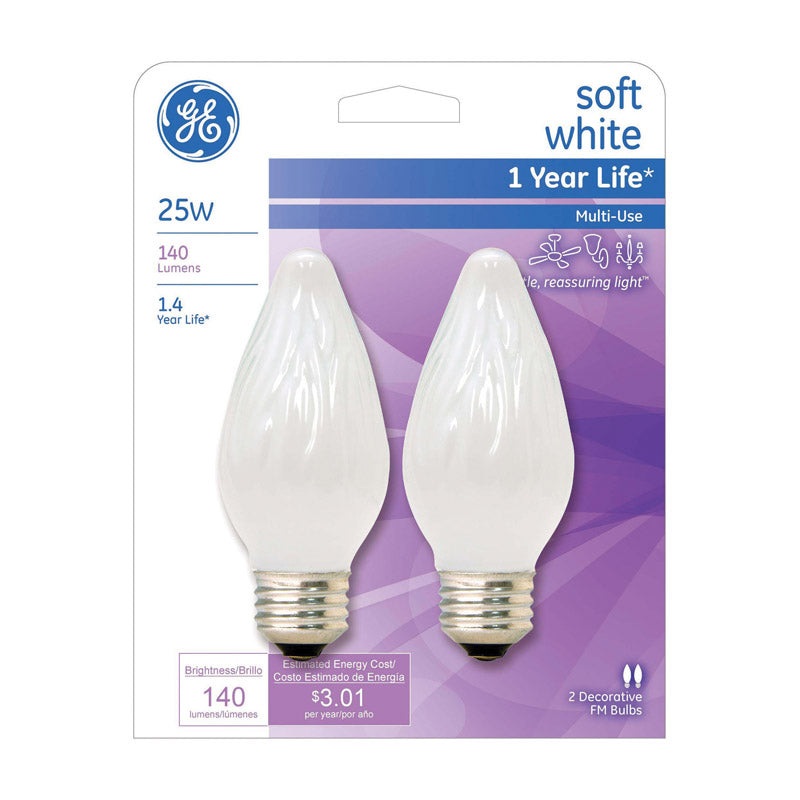 GE Incandescent Light Bulb 25 watts 140 lumens 2400 K Flame Tip F15 Medium Base (E26) 2 pk