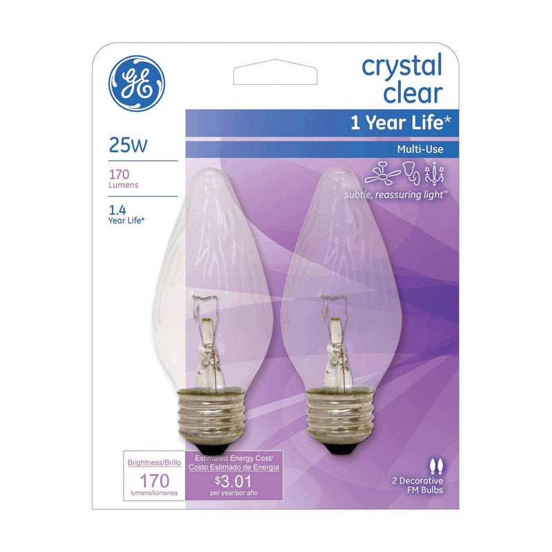 GE Incandescent Light Bulb 25 watts 170 lumens 2400 K Flame Tip F15 Medium Base (E26) 2 pk