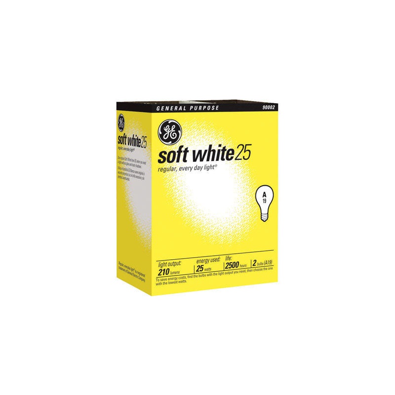 GE Incandescent Light Bulb 25 watts 210 lumens 2500 K A-Line A19 Medium Base (E26) 2 pk