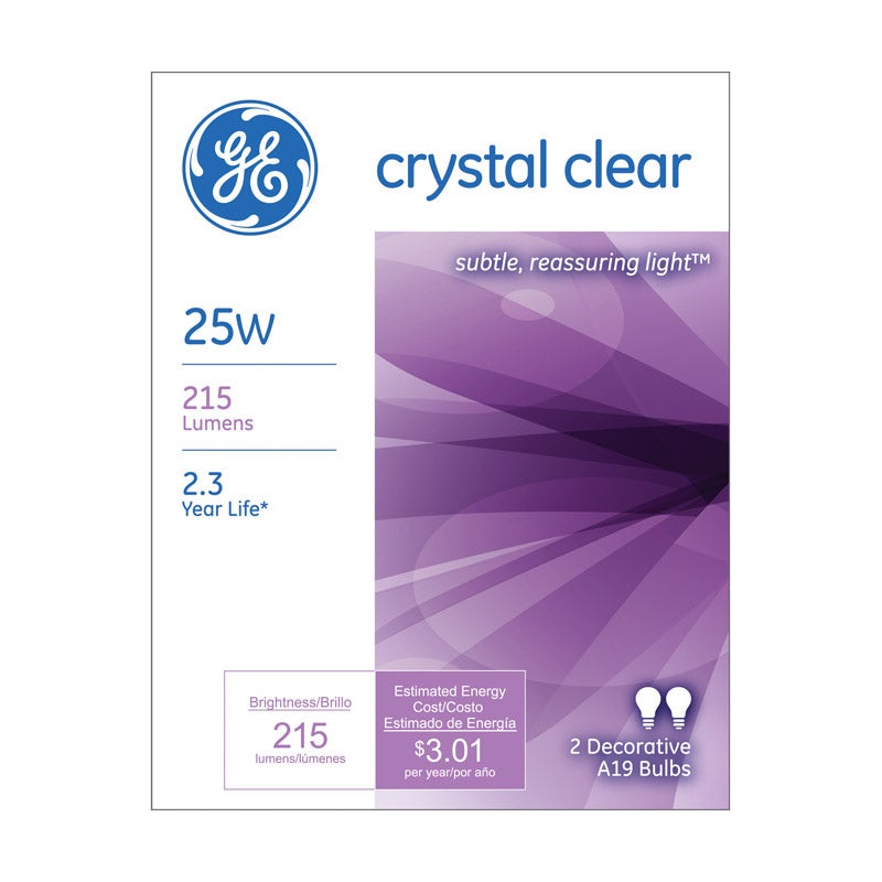 GE Incandescent Light Bulb 25 watts 215 lumens 2500 K A-Line A19 Medium Base (E26) 2 pk