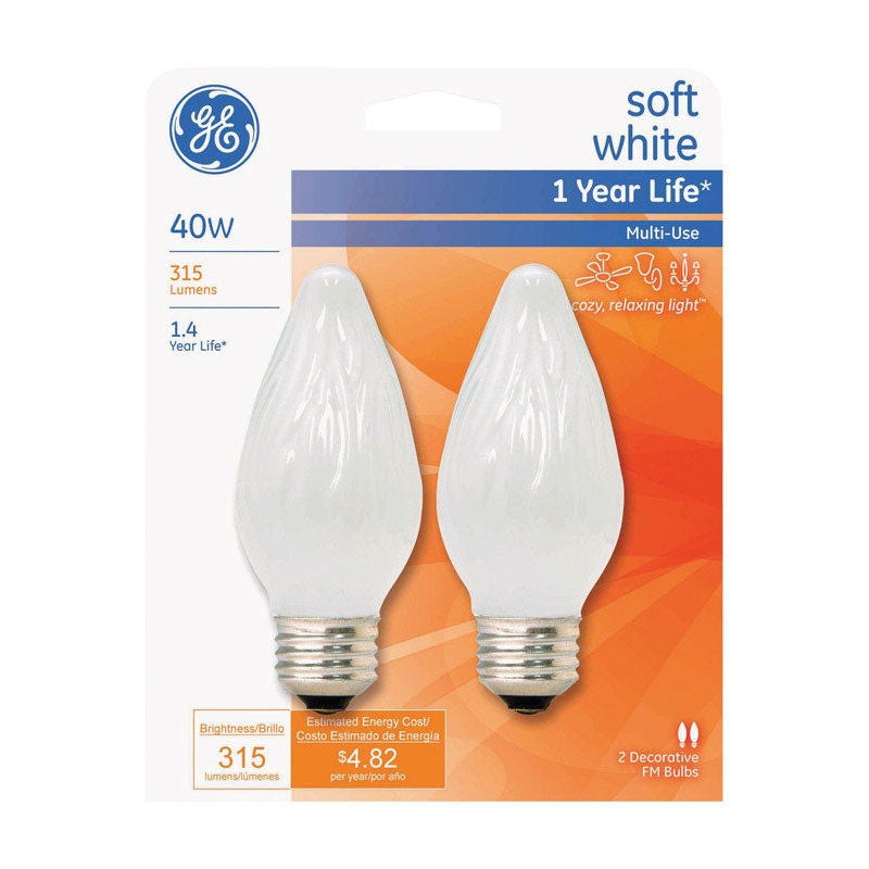 GE Incandescent Light Bulb 40 watts 315 lumens 2500 K Flame Tip F15 Medium Base (E26) 2 pk