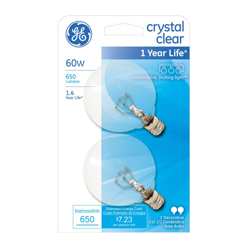 GE Incandescent Light Bulb 60 watts 650 lumens 2500 K Globe G16-1/2 Candelabra Base (E12) 2 pk
