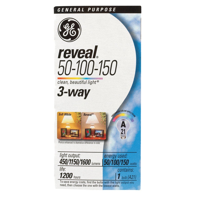 GE reveal Incandescent Light Bulb 50/100/150 watts 450/1,150/1,600 lumens 2850 K A-Line A21 Med