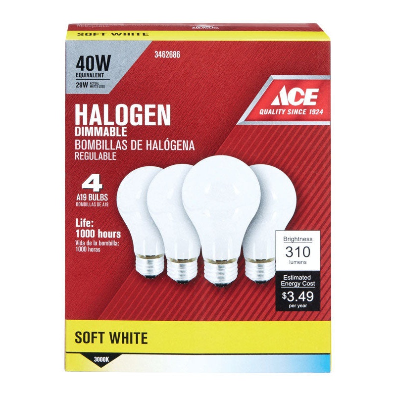 Ace Halogen Light Bulb 29 watts 430 lumens A-Line A19 Medium Base (E26) Soft White 4 pk