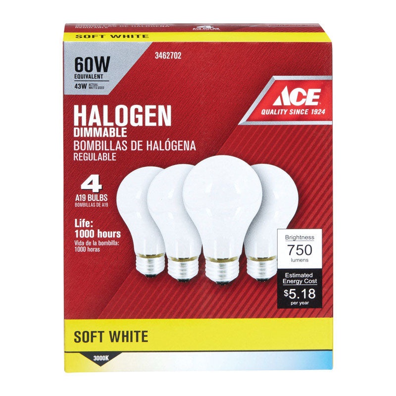 Ace Halogen Light Bulb 43 watts 750 lumens A-Line A19 Medium Base (E26) Soft White 4 pk