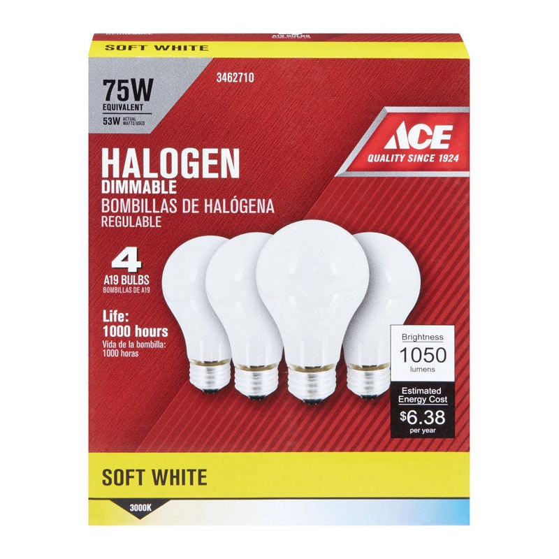 Ace Halogen Light Bulb 53 watts 890 lumens A-Line A19 Medium Base (E26) Soft White 4 pk