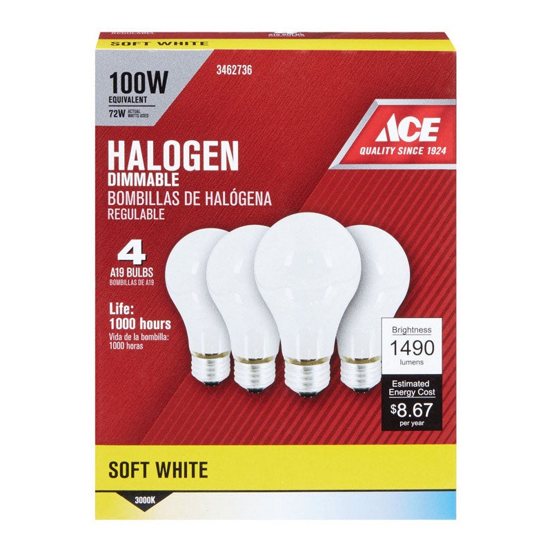 Ace Halogen Light Bulb 72 watts 1270 lumens A-Line A19 Medium Base (E26) Soft White 4 pk