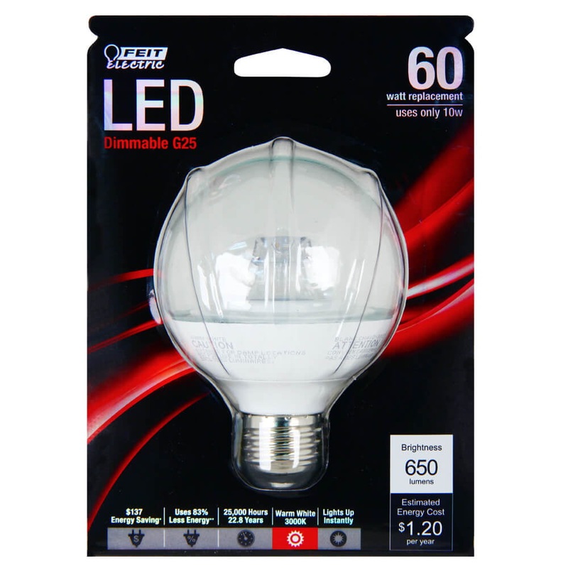 FEIT Electric LED Bulb 10 watts 650 lumens 3000 K Medium Base (E26) G25 Warm White 60 watts equ