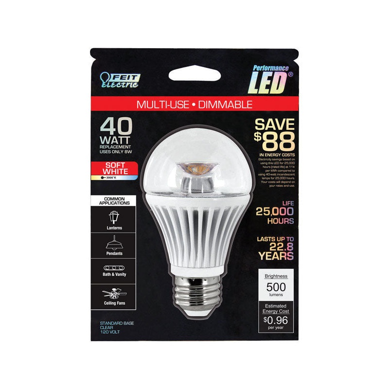 FEIT Electric LED Bulb 8 watts 500 lumens 3000 K Medium Base (E26) A19 Soft White 40 watts equi