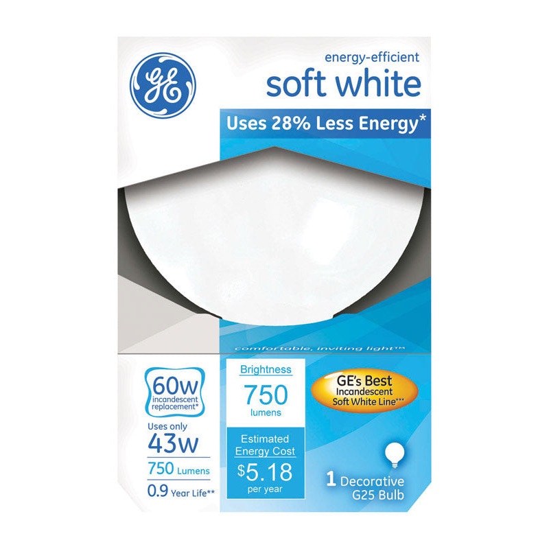 GE Energy Efficient Incandescent Light Bulb 43 watts 750 lumens 2900 K Globe G25 Medium Base (E