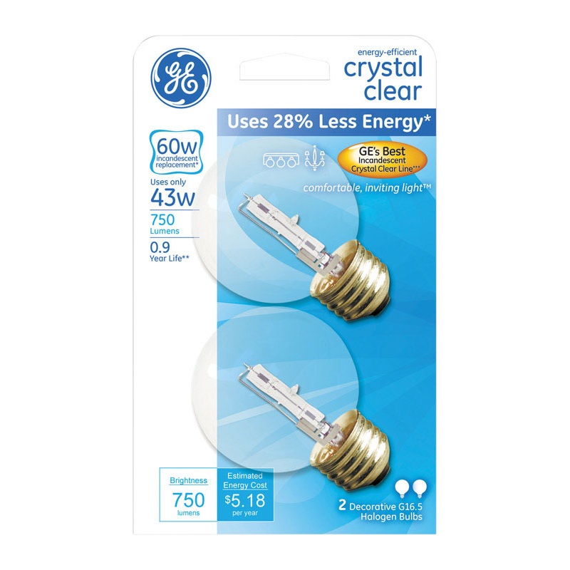 GE Halogen Light Bulb 43 watts 750 lumens Globe G16-1/2 Medium Base (E26) Clear 2 pk