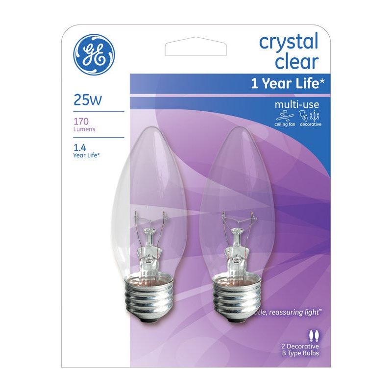 GE Incandescent Light Bulb 25 watts 170 lumens 2500 K Blunt Tip B13 Medium Base (E26) 2 pk