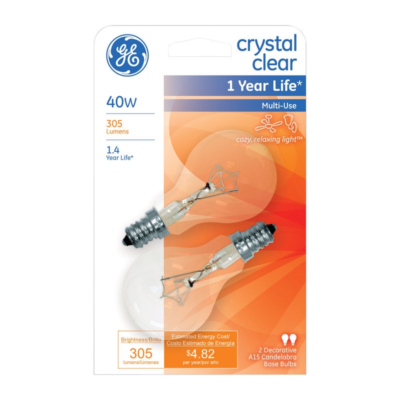 GE Incandescent Light Bulb 40 watts 305 lumens A-Line A15 Candelabra Base (E12) 2 pk