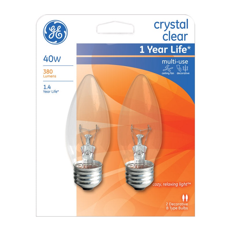 GE Incandescent Light Bulb 40 watts 380 lumens 2500 K Blunt Tip B13 Medium Base (E26) 2 pk