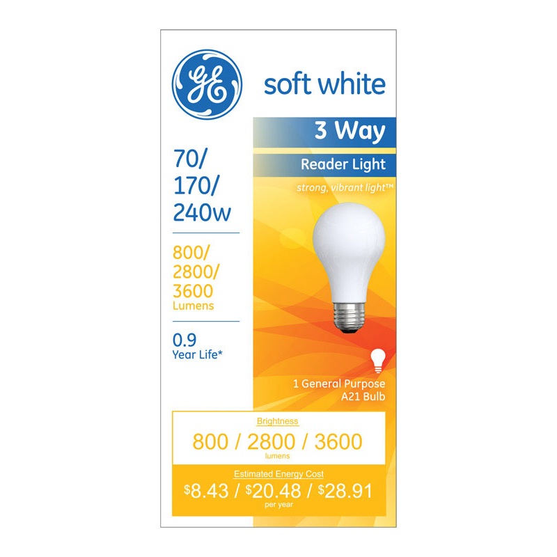 GE Reader Light Incandescent Light Bulb 70/170/240 watts 800/2,800/3,600 lumens 2850 K A-Line A2