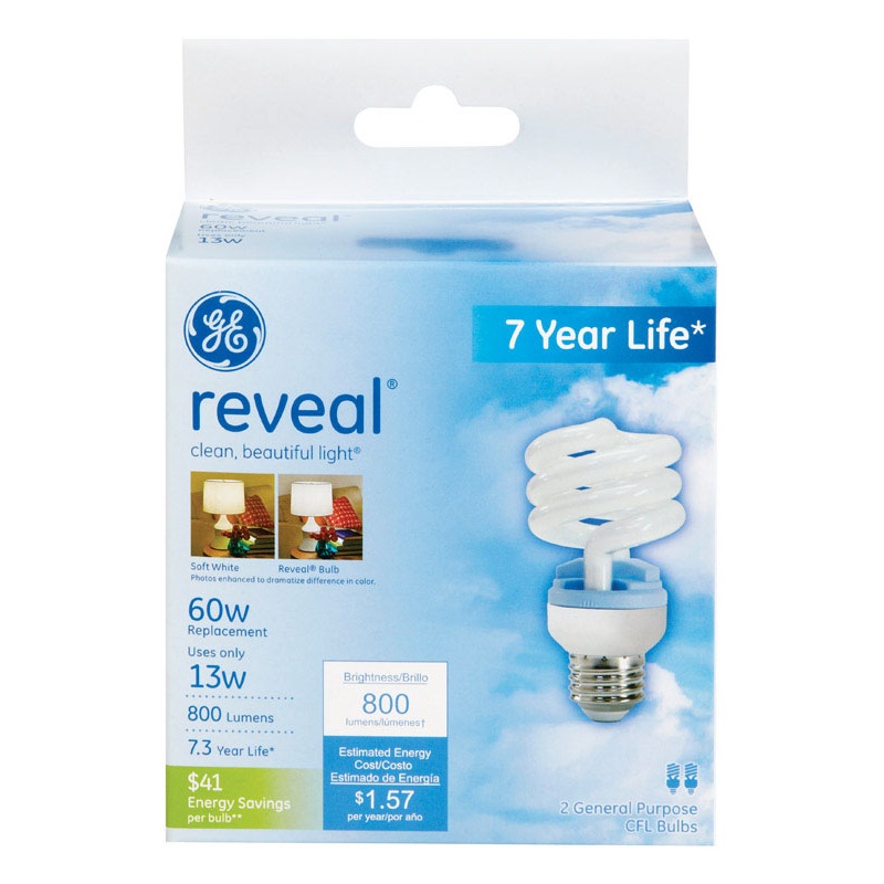 GE Reveal CFL Bulb 13 watts 800 lumens Spiral T3 White 2 pk