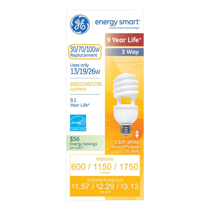 GE Energy Smart CFL Bulb 13/19/26 watts 600/1150/1750 lumens Spiral T3 5.7 in. L Soft White 1