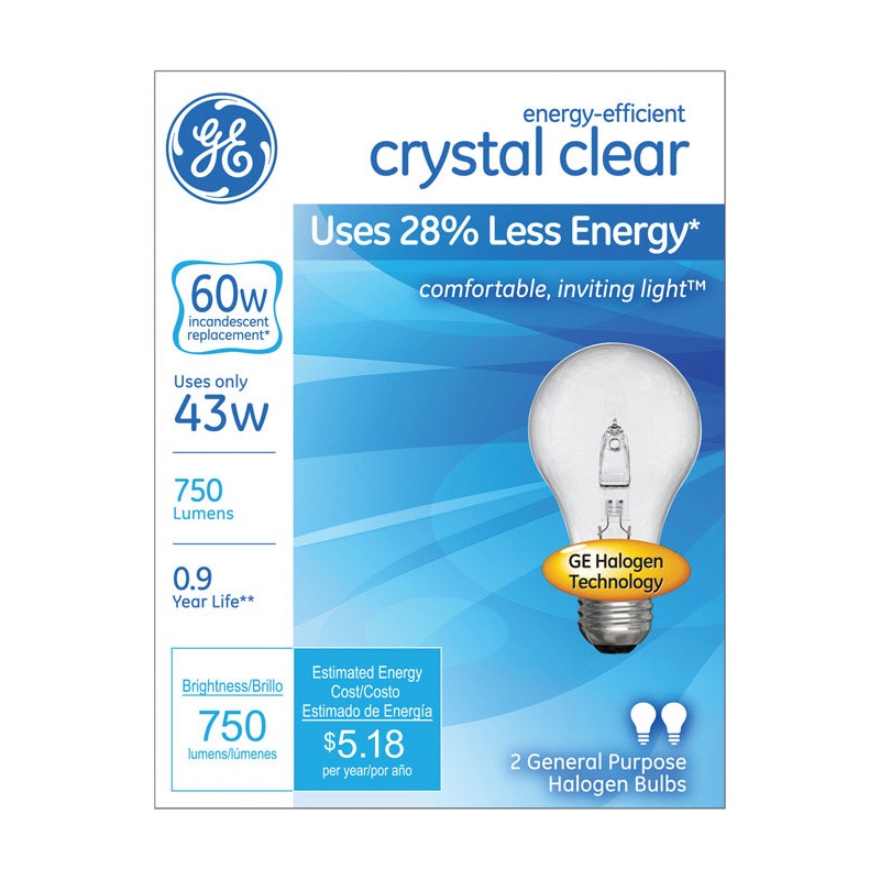 GE Halogen Light Bulb 43 watts 750 lumens A-Line A19 Medium Base (E26) Clear 2 pk