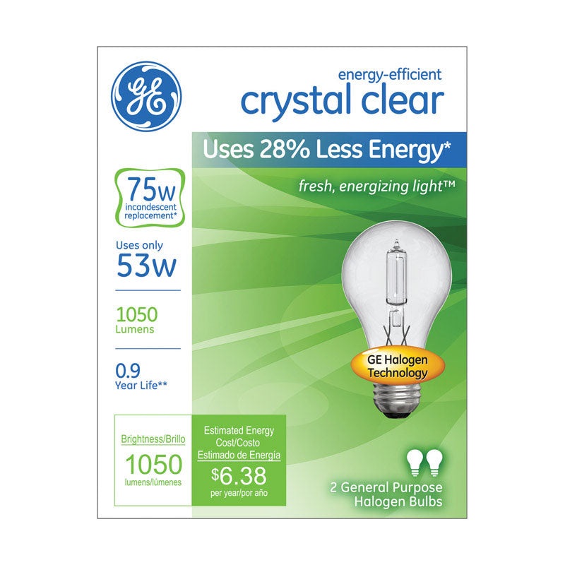 GE Halogen Light Bulb 53 watts 1050 lumens A-Line A19 Medium Base (E26) Clear 2 pk