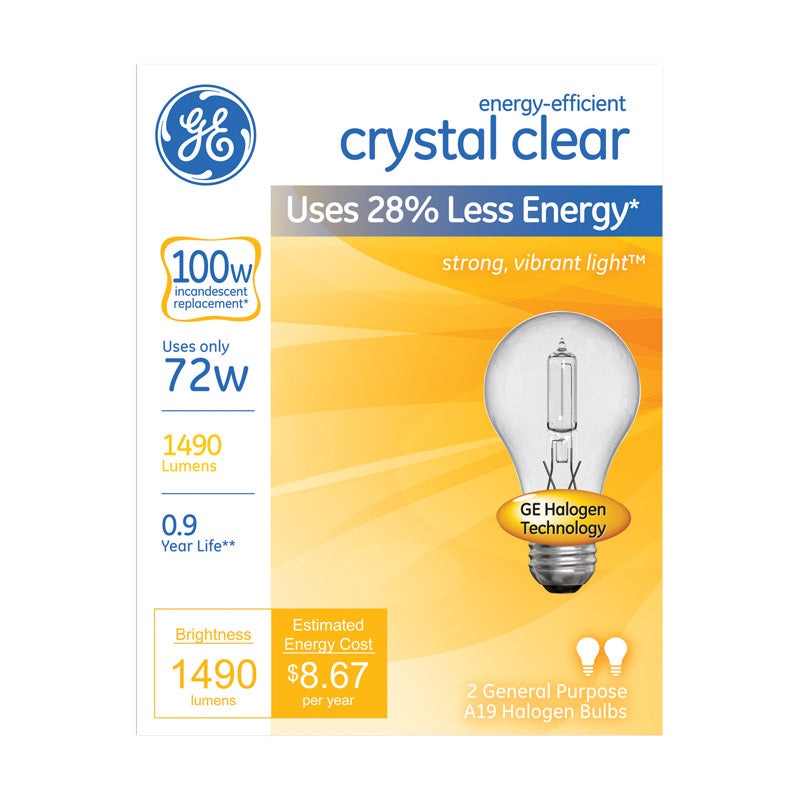 GE Halogen Light Bulb 72 watts 1490 lumens A-Line A19 Medium Base (E26) Clear 2 pk