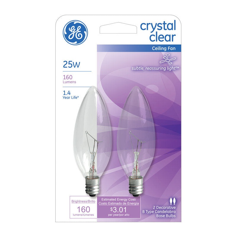 GE Incandescent Light Bulb 25 watts 160 lumens 2500 K Blunt Tip B8 Candelabra Base (E12) 2 pk