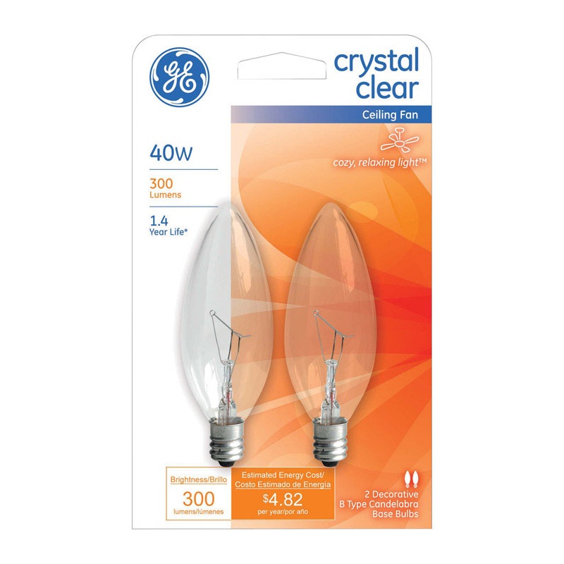 GE Incandescent Light Bulb 40 watts 300 lumens 2500 K Blunt Tip B8 Candelabra Base (E12) 2 pk