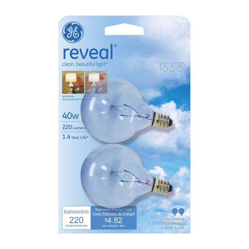 GE reveal Incandescent Light Bulb 40 watts 220 lumens 2550 K Globe G16-1/2 Candelabra Base (E12