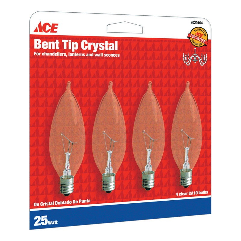 Ace Incandescent Light Bulb 25 watts 235 lumens Bent Tip CA10 Candelabra Base (E12) 4 pk