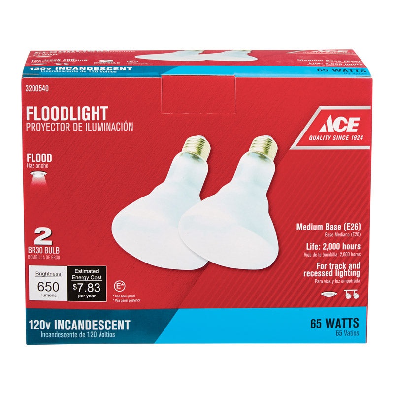 Ace Incandescent Light Bulb 65 watts 650 lumens Floodlight BR30 Medium Base (E26) 2 pk