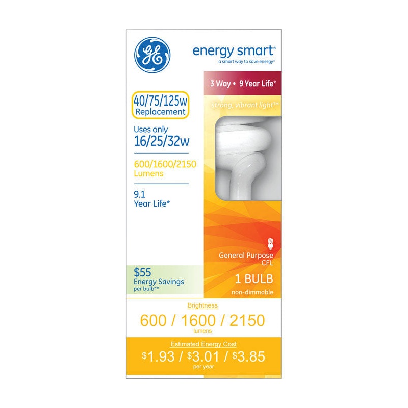 GE Energy Smart CFL Bulb 16/25/32 watts 600/1600/2150 lumens Spiral T3 6 in. L Soft White 1 pk