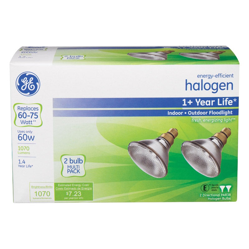 GE Halogen Light Bulb 60 watts 1070 lumens Floodlight PAR38 Medium Base (E26) White 2 pk