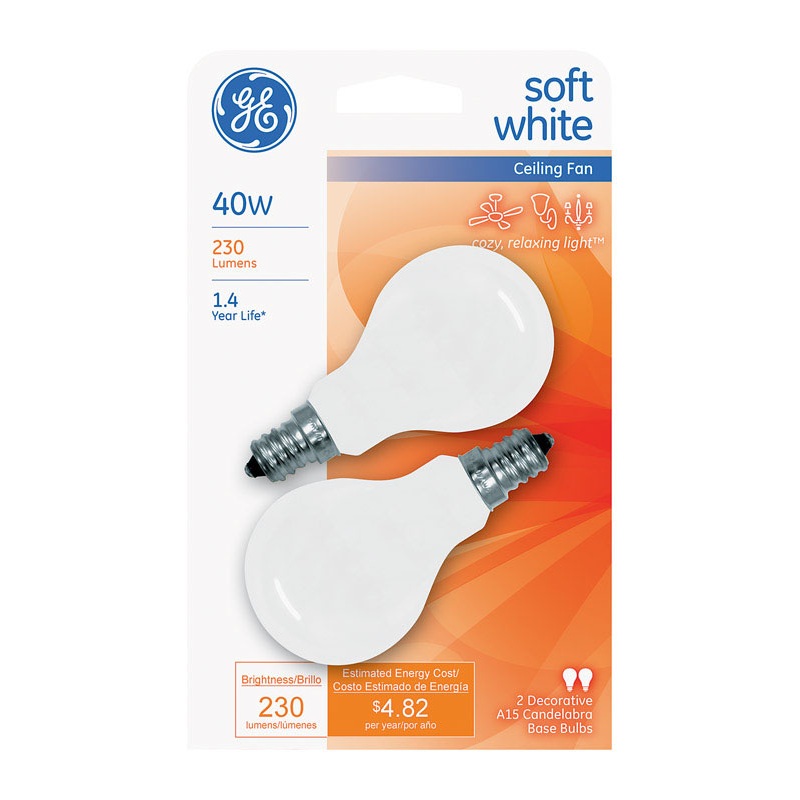 GE Incandescent Light Bulb 40 watts 230 lumens 2600 K A-Line A15 Candelabra Base (E12) 2 pk